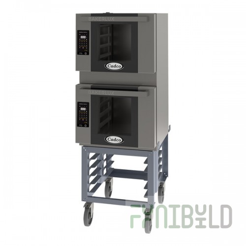 Cadco Bakerlux Station BLS-4HLD-2 Double Stacked 4-Shelf Half Size Heavy-Duty Digital Countertop Convection Ovens with LED Control Panels and Stand - 208-240V