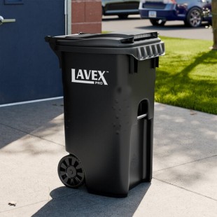 Lavex Pro 45 Gallon Black Wheeled Rectangular Trash Can with Lid Lavex Pro 45 Gallon Black Wheeled Rectangular Trash Can with Lid