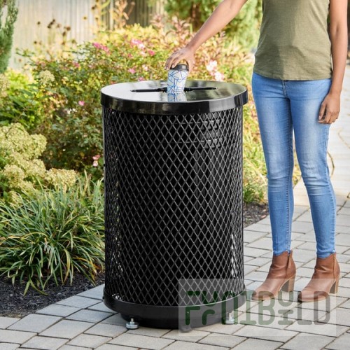Lancaster Table & Seating 36 Gallon Heavy-Duty Round Black Expanded Steel Outdoor Trash Can with Recycle Lid