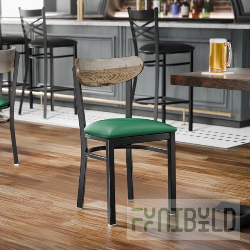 Lancaster Table & Seating Boomerang Black Finish Chair with Green Vinyl Seat and Driftwood Back - Unassembled