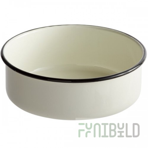 TableCraft 80016 Enamelware 56 oz. Black and Cream White Rolled Rim Round Round Bowl