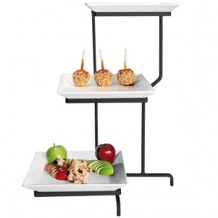 Cal-Mil PP2301-13 Prestige Black Three Tier Incline Display with Square Porcelain Plates - 16 Cal-Mil PP2301-13 Prestige Black Three Tier Incline Display with Square Porcelain Plates - 16