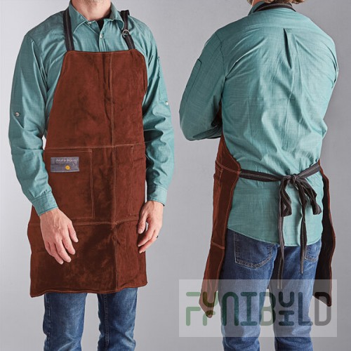 Outset® F240 Brown Suede Leather Adjustable Grill / BBQ Bib Apron with Flame-Retardant Inner Lining - 30