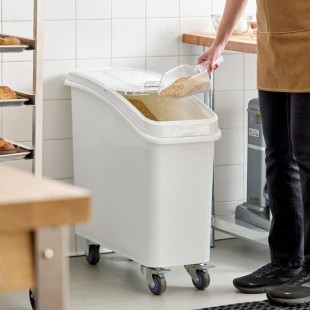 Baker's Lane 21 Gallon / 335 Cup White Slant Top Mobile Ingredient Storage Bin with Sliding Lid & Scoop