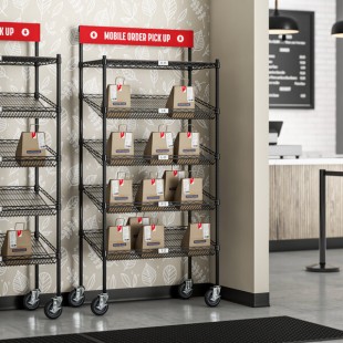 Regency NSF Black Epoxy Mobile Take-Out Shelving Station with 1 Shelf and 4 Slanted Drop In Baskets plus PVC Shelf Mat Overlay - 18