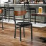 Lancaster Table & Seating Boomerang Black Finish Chair with Black Vinyl Seat and Vintage Wood Back
