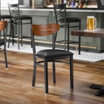 Lancaster Table & Seating Boomerang Black Finish Chair with Black Vinyl Seat and Vintage Wood Back