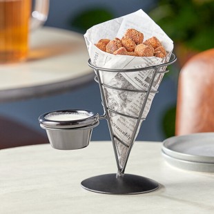 TableCraft ACR57 Vertigo Round Black Appetizer Wire Cone Basket with 1 Ramekin - 5