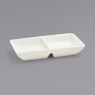 Front of the House Catalyst 2 oz. European White Double Compartment Rectangular Porcelain Sauce Dish - 12/Case Front of the House Catalyst 2 oz. European White Double Compartment Rectangular Porcelain Sauce Dish - 12/Case