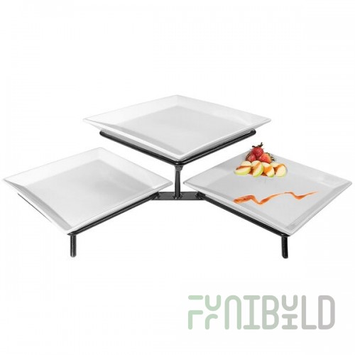 Cal-Mil PP1600-13 Prestige Black Wire Pedestal Riser with Three Square Porcelain Platters - 16