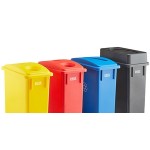 Lavex 92 Gallon 4-Stream Slim Rectangular Recycle Station with Black Drop Shot, Blue Paper Slot, Red Bottle / Can, and Yellow Bottle / Can Lids Lavex 92 Gallon 4-Stream Slim Rectangular Recycle Station with Black Drop Shot, Blue Paper Slot, Red Bottle / Can, and Yellow Bottle / Can Lids