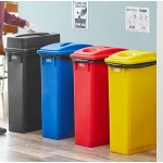 Lavex 92 Gallon 4-Stream Slim Rectangular Recycle Station with Black Drop Shot, Blue Paper Slot, Red Bottle / Can, and Yellow Bottle / Can Lids Lavex 92 Gallon 4-Stream Slim Rectangular Recycle Station with Black Drop Shot, Blue Paper Slot, Red Bottle / Can, and Yellow Bottle / Can Lids