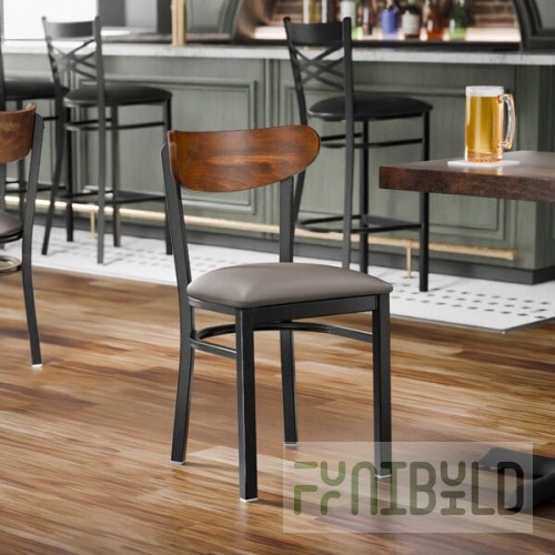 Lancaster Table & Seating Boomerang Black Finish Chair with Dark Gray Vinyl Seat and Vintage Wood Back - Unassembled