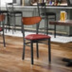 Lancaster Table & Seating Boomerang Black Finish Chair with Burgundy Vinyl Seat and Antique Walnut Wood Back