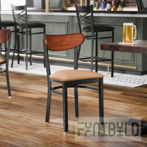 Lancaster Table & Seating Boomerang Black Finish Chair with Light Brown Vinyl Seat and Antique Walnut Wood Back