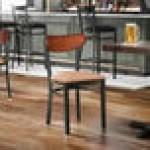 Lancaster Table & Seating Boomerang Black Finish Chair with Light Brown Vinyl Seat and Antique Walnut Wood Back