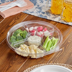 Inline Plastics Safe-T-Fresh 54 oz. Clear PET Plastic Tamper-Resistant, Tamper-Evident 5-Compartment Round Platter with Lid - 64/Case Inline Plastics Safe-T-Fresh 54 oz. Clear PET Plastic Tamper-Resistant, Tamper-Evident 5-Compartment Round Platter with Lid - 64/Case