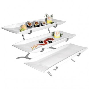 Cal-Mil PP1033-39 Prestige Platinum Wide Frame Three Tier Wire Stand with Porcelain Platters - 23 Cal-Mil PP1033-39 Prestige Platinum Wide Frame Three Tier Wire Stand with Porcelain Platters - 23
