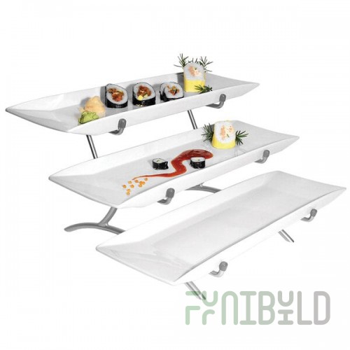 Cal-Mil PP1033-39 Prestige Platinum Wide Frame Three Tier Wire Stand with Porcelain Platters - 23