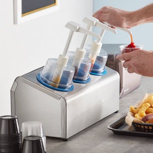 Steril-Sil 30 oz. 3-Compartment Stainless Steel Condiment Dispenser Kit with Blue Cylinders and Dome Top Pump Lids Steril-Sil 30 oz. 3-Compartment Stainless Steel Condiment Dispenser Kit with Blue Cylinders and Dome Top Pump Lids
