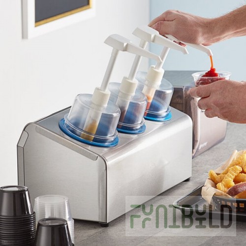 Steril-Sil 30 oz. 3-Compartment Stainless Steel Condiment Dispenser Kit with Blue Cylinders and Dome Top Pump Lids