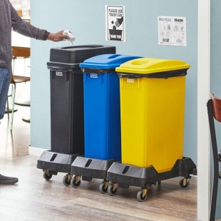 Lavex 69 Gallon 3-Stream Slim Rectangular Mobile Recycle Station with Black Drop Shot, Blue Paper Slot, and Yellow Bottle / Can Lids