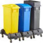 Lavex 69 Gallon 3-Stream Slim Rectangular Mobile Recycle Station with Black Drop Shot, Blue Paper Slot, and Yellow Bottle / Can Lids Lavex 69 Gallon 3-Stream Slim Rectangular Mobile Recycle Station with Black Drop Shot, Blue Paper Slot, and Yellow Bottle / Can Lids