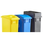 Lavex 69 Gallon 3-Stream Slim Rectangular Mobile Recycle Station with Black Drop Shot, Blue Paper Slot, and Yellow Bottle / Can Lids Lavex 69 Gallon 3-Stream Slim Rectangular Mobile Recycle Station with Black Drop Shot, Blue Paper Slot, and Yellow Bottle / Can Lids