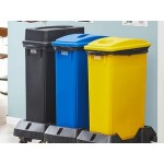 Lavex 69 Gallon 3-Stream Slim Rectangular Mobile Recycle Station with Black Drop Shot, Blue Paper Slot, and Yellow Bottle / Can Lids Lavex 69 Gallon 3-Stream Slim Rectangular Mobile Recycle Station with Black Drop Shot, Blue Paper Slot, and Yellow Bottle / Can Lids