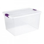 Sterilite ClearView 15 Gallon Clear Latch Box with Sweet Plum Handle Lid and Wheels 17611704 - 4/Case Sterilite ClearView 15 Gallon Clear Latch Box with Sweet Plum Handle Lid and Wheels 17611704 - 4/Case