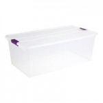 Sterilite ClearView 15 Gallon Clear Latch Box with Sweet Plum Handle Lid and Wheels 17611704 - 4/Case Sterilite ClearView 15 Gallon Clear Latch Box with Sweet Plum Handle Lid and Wheels 17611704 - 4/Case