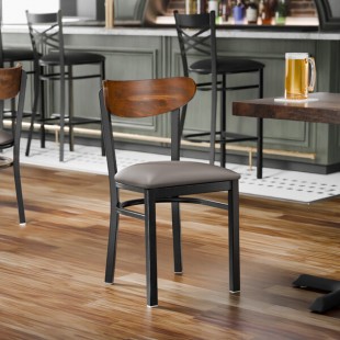 Lancaster Table & Seating Boomerang Black Finish Chair with Dark Gray Vinyl Seat and Vintage Wood Back Lancaster Table & Seating Boomerang Black Finish Chair with Dark Gray Vinyl Seat and Vintage Wood Back