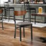 Lancaster Table & Seating Boomerang Black Finish Chair with Dark Gray Vinyl Seat and Vintage Wood Back