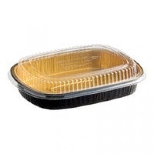 Choice Heavy Duty Smoothwall Black and Gold Large Oblong Foil Entree / Take-Out Pan with Dome Lid 65.6 oz. - 50/Case