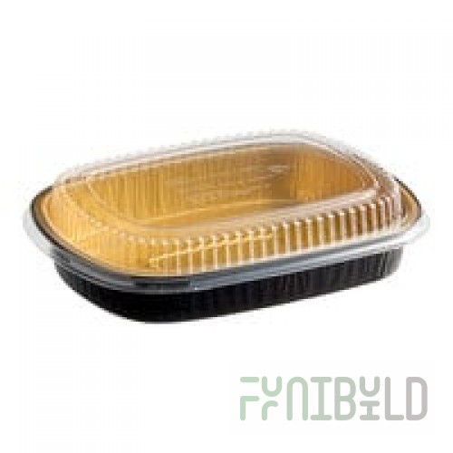 Choice Heavy Duty Smoothwall Black and Gold Large Oblong Foil Entree / Take-Out Pan with Dome Lid 65.6 oz. - 50/Case