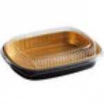 Choice Heavy Duty Smoothwall Black and Gold Large Oblong Foil Entree / Take-Out Pan with Dome Lid 65.6 oz. - 50/Case