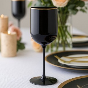Posh Setting 12 oz. Round Black Plastic Wine Goblet with Gold Rim - 60/Case