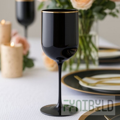 Posh Setting 12 oz. Round Black Plastic Wine Goblet with Gold Rim - 60/Case