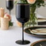 Posh Setting 12 oz. Round Black Plastic Wine Goblet with Gold Rim - 60/Case Posh Setting 12 oz. Round Black Plastic Wine Goblet with Gold Rim - 60/Case