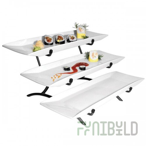 Cal-Mil PP1033-13 Prestige Black Wide Frame Three Tier Wire Stand with Porcelain Platters - 23