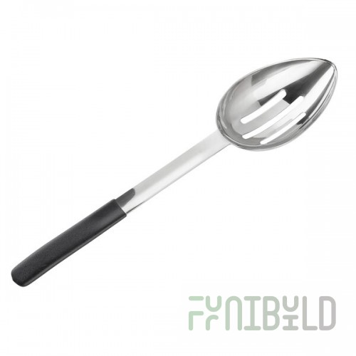 TableCraft AM5334BK Antimicrobial 2 oz. Stainless Steel Slotted Oval Portion Spoon with Black Handle