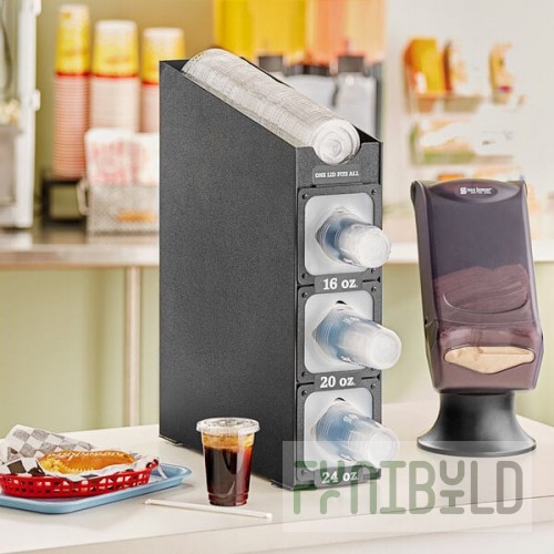 KleanTake by ServSense Black Countertop Slim Cup Dispenser Cabinet with Top Lid / Straw Organizer - 3 Slot