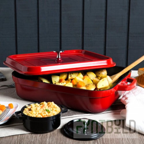 GET Heiss 5 Qt. Red Enamel Coated Cast Aluminum Roasting Pan with Lid - 12 7/8