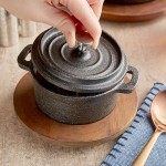 Valor 8 oz. Pre-Seasoned Mini Cast Iron Pot with Rustic Chestnut Finish Rubberwood Underliner