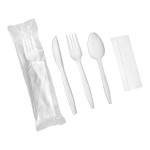 Choice White Heavy Weight Polypropylene Plastic Cutlery Pack with Napkin - 250/Case Choice White Heavy Weight Polypropylene Plastic Cutlery Pack with Napkin - 250/Case