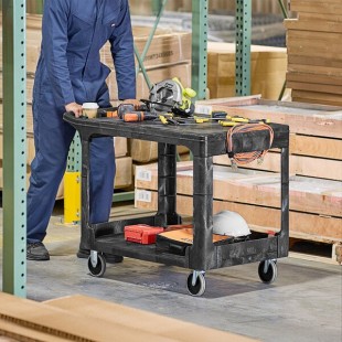 Rubbermaid® FG452589BLA Black Medium Flat HD Two Shelf Heavy Duty Utility Cart with Extended Handle