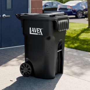 Lavex Pro 95 Gallon Black Wheeled Rectangular Trash Can with Lid Lavex Pro 95 Gallon Black Wheeled Rectangular Trash Can with Lid