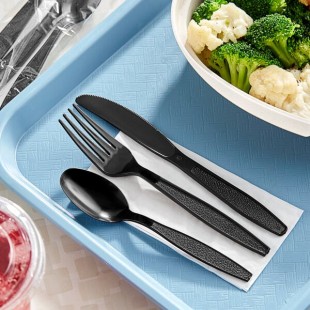 Choice Black Extra Heavy Weight Wrapped Polystyrene Plastic Cutlery Pack with Napkin - 500/Case Choice Black Extra Heavy Weight Wrapped Polystyrene Plastic Cutlery Pack with Napkin - 500/Case