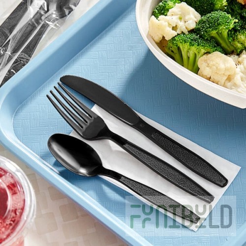 Choice Black Extra Heavy Weight Wrapped Polystyrene Plastic Cutlery Pack with Napkin - 500/Case