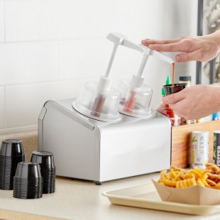Steril-Sil 30 oz. 2-Compartment Stainless Steel Condiment Dispenser Kit with Silver Cylinders and Dome Top Pump Lids Steril-Sil 30 oz. 2-Compartment Stainless Steel Condiment Dispenser Kit with Silver Cylinders and Dome Top Pump Lids